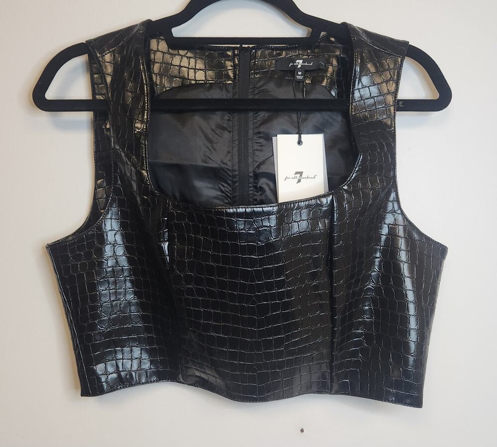 NWT 7 for All Mankind Womens Black Croc-Embossed Faux Leather Crop Top-Size M